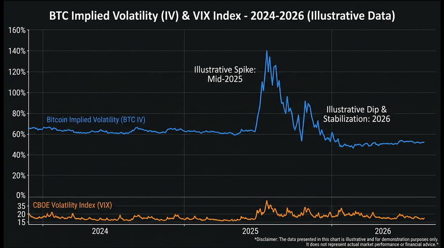 Bitcoin 30-day realized volatility chart showing decline from 65% to 42%