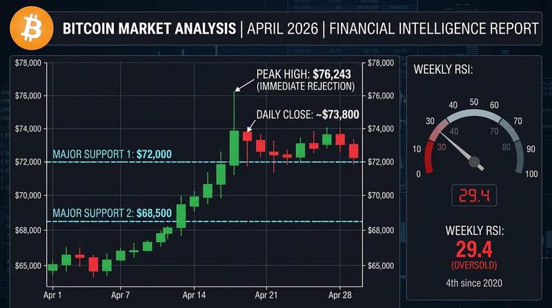 Bitcoin price chart showing failed breakout at $76,000 with technical indicators