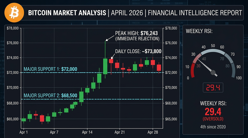 Bitcoin price chart showing failed breakout at $76,000 with technical indicators