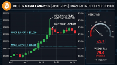Bitcoin price chart showing failed breakout at $76,000 with technical indicators