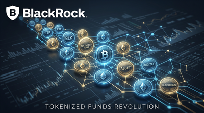 BlackRock logo with digital tokens representing tokenized funds on blockchain