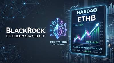 BlackRock logo combined with Ethereum staking symbol and Nasdaq trading screen imagery on a dark financial background representing the ETHB staked ETF launch