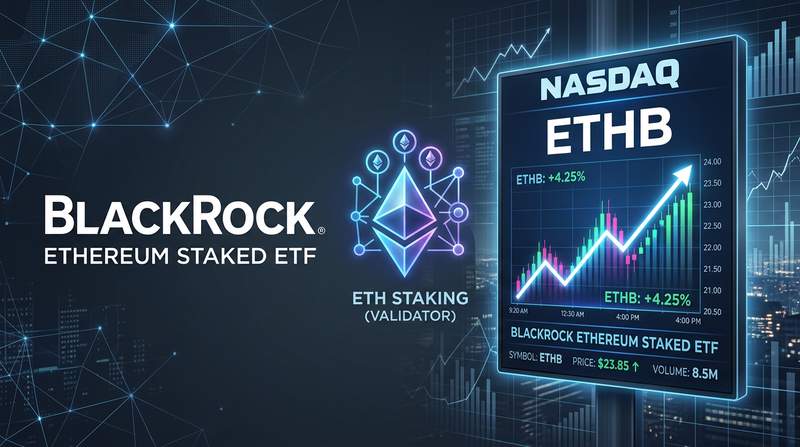 BlackRock logo combined with Ethereum staking symbol and Nasdaq trading screen imagery on a dark financial background representing the ETHB staked ETF launch