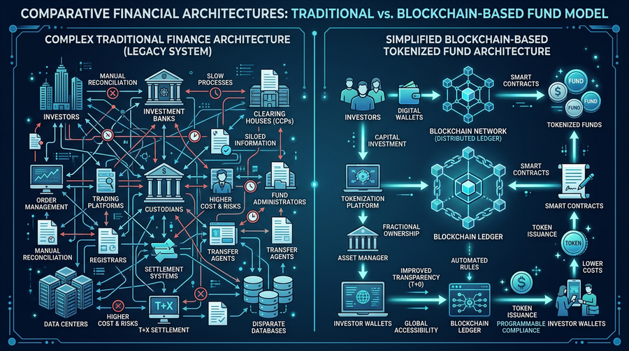 Infrastructure comparison showing complex traditional finance systems versus simplified blockchain-based tokenized fund architecture