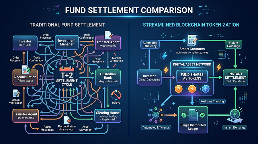 Comparison diagram showing traditional fund settlement with multiple intermediaries versus streamlined blockchain tokenization process