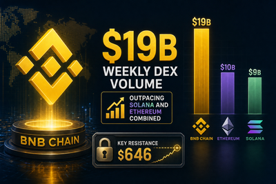 BNB Chain weekly DEX volume comparison chart showing $19B versus Solana and Ethereum