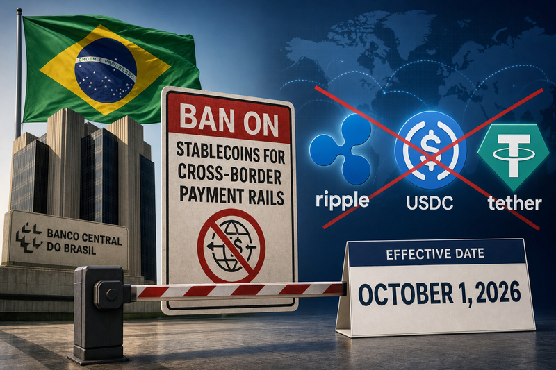 Brazil central bank building with stablecoin symbols blocked from international payment flows