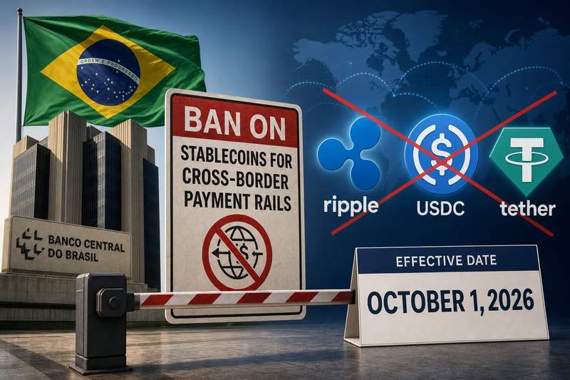 Brazil central bank building with stablecoin symbols blocked from international payment flows