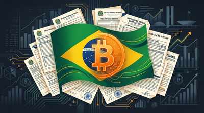 Brazilian flag overlaid with Bitcoin symbol and tax documents