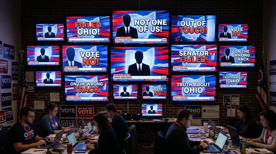 Political attack advertisements targeting Senator Brown displayed on multiple screens