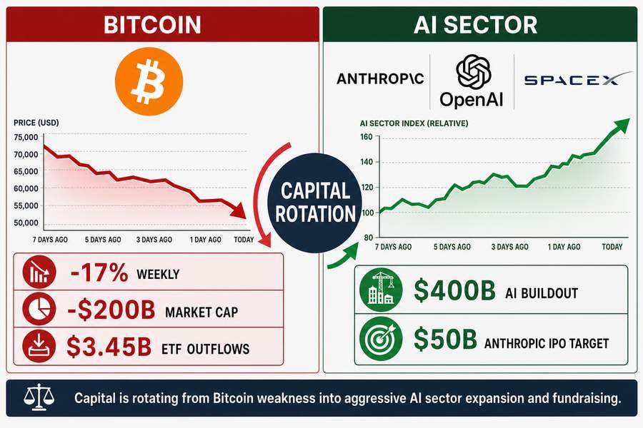 Infographic comparing Bitcoin’s $200B market cap loss and ETF outflows against $400B flowing into AI sector buildout