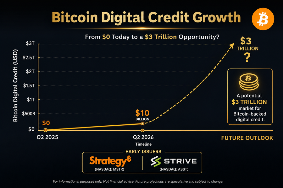 Chart showing Bitcoin digital credit market growth from zero to $10 billion in under one year with $3 trillion projection