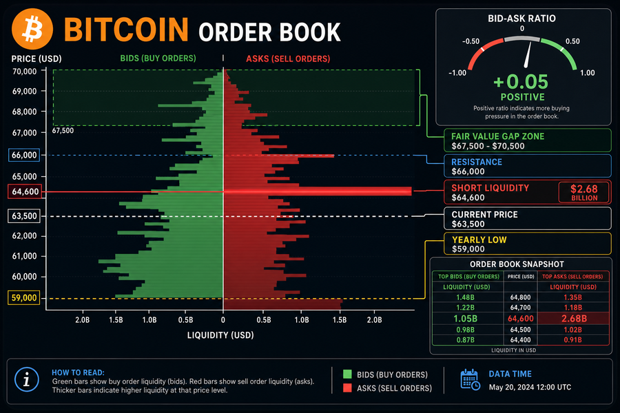 Bitcoin order book infographic showing $2.68 billion short liquidity at $64,600 and key price levels from $59,000 yearly low to $70,000 target zone