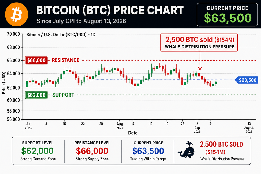 Bitcoin trading range infographic showing $62K support and $66K resistance with whale selling indicator of 2,500 BTC distributed