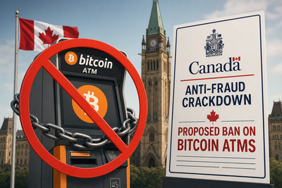 Canadian government building with Bitcoin ATM prohibition symbol representing proposed nationwide crypto ATM ban