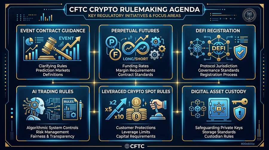 CFTC crypto rulemaking agenda showing six key regulatory initiatives for prediction markets, DeFi, and perpetual futures
