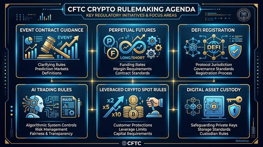 CFTC crypto rulemaking agenda showing six key regulatory initiatives for prediction markets, DeFi, and perpetual futures