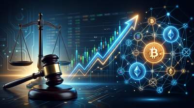 CFTC gavel and scales of justice alongside prediction market charts and blockchain nodes representing the agency's new crypto rulemaking agenda