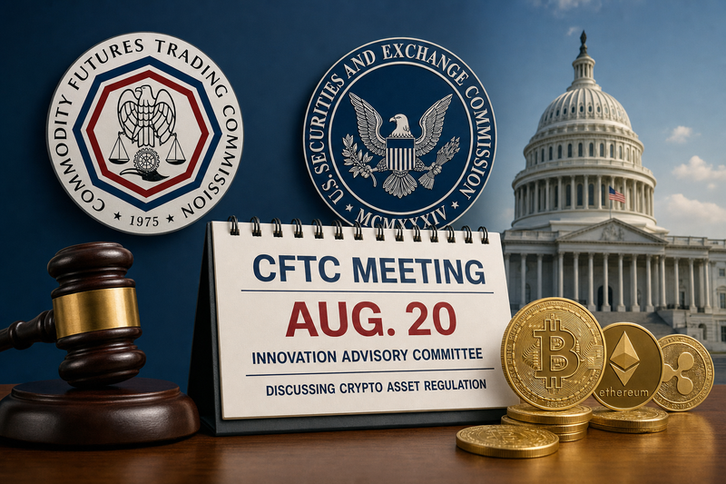 CFTC building with documents and crypto symbols representing upcoming regulatory meeting