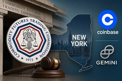 CFTC federal building with New York state map and prediction market platform logos showing regulatory conflict