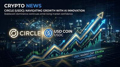 Circle logo with USDC stablecoin symbol, rising stock chart, and AI circuit imagery on a dark financial background