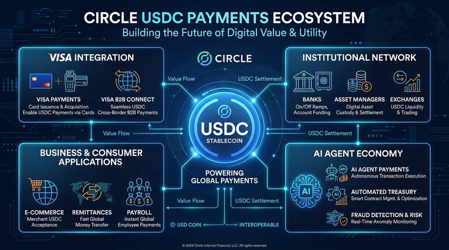 Circle USDC payments ecosystem showing Visa integration, institutional network, and AI agent infrastructure