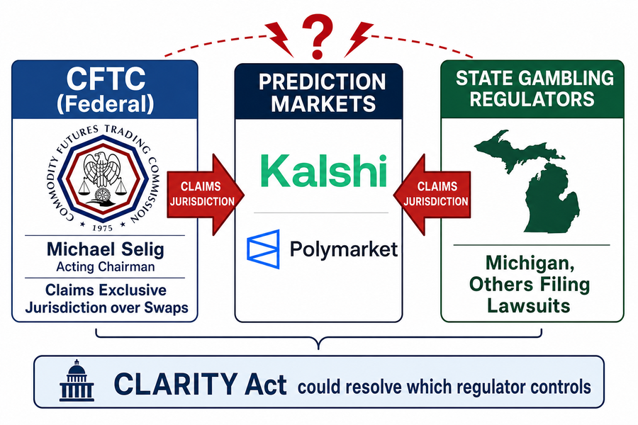 Diagram showing jurisdictional conflict between CFTC and state regulators over prediction markets like Kalshi and Polymarket