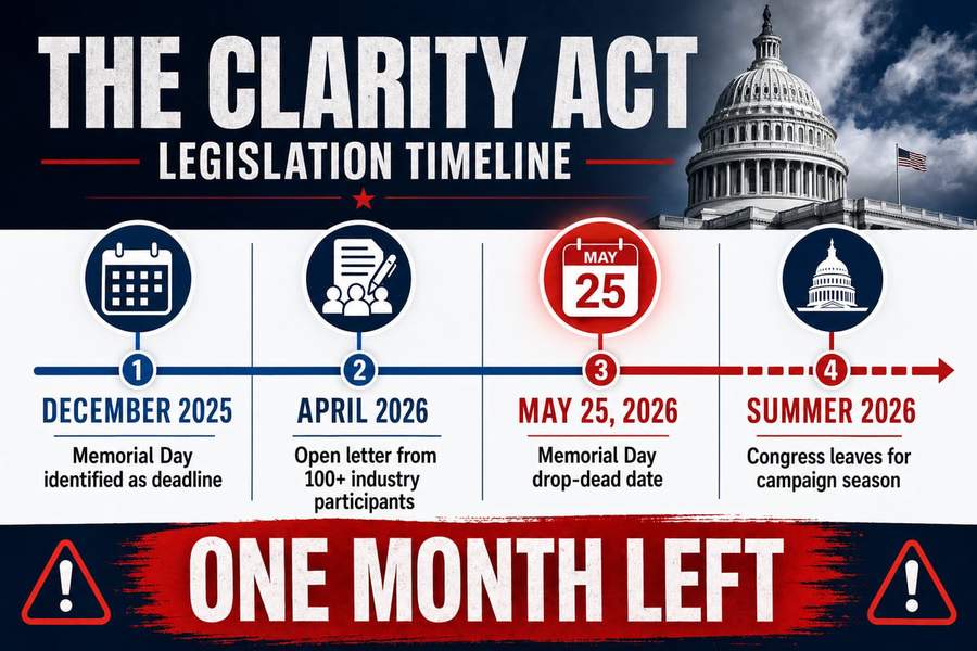 Timeline infographic showing key dates for the Clarity Act crypto legislation with Memorial Day 2026 deadline
