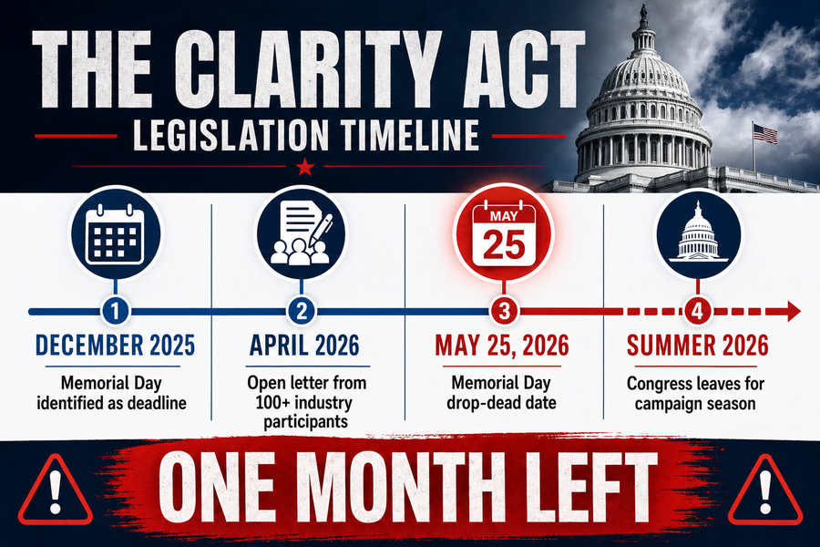 Timeline infographic showing key dates for the Clarity Act crypto legislation with Memorial Day 2026 deadline