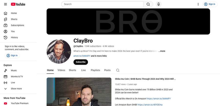 Screenshot of the Clay Bro YouTube channel page