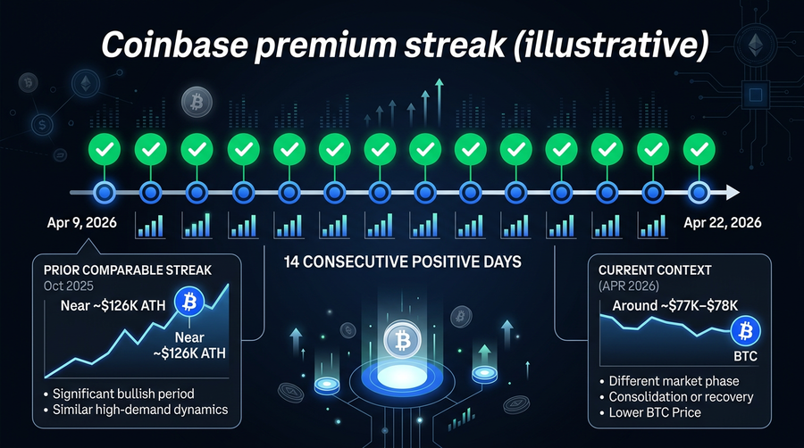 Streak context: positive premium window vs the prior long streak near BTC&rsquo;s October 2025 highs (figures from this article; index data e.g. Coinglass)
