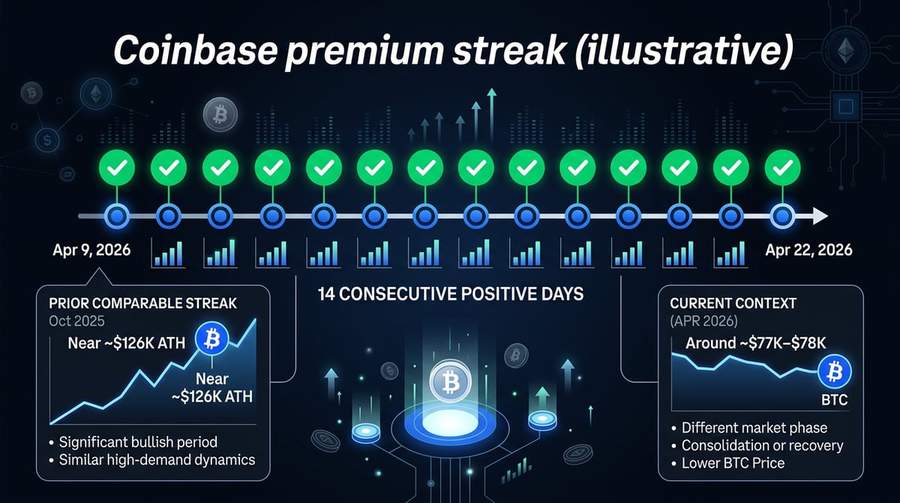 Streak context: positive premium window vs the prior long streak near BTC&rsquo;s October 2025 highs (figures from this article; index data e.g. Coinglass)