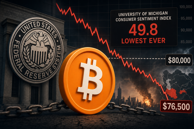 Bitcoin price chart showing pullback from $79,000 to $76,500 with consumer sentiment data overlay