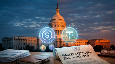 US Capitol building with digital currency symbols floating above