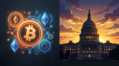 Split image showing crypto logos on one side and Capitol building on the other