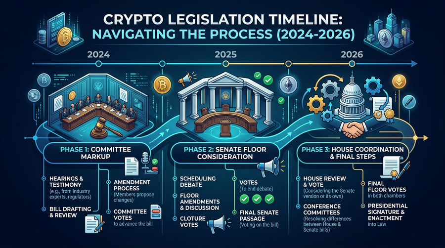 Timeline showing cryptocurrency legislation process through 2026