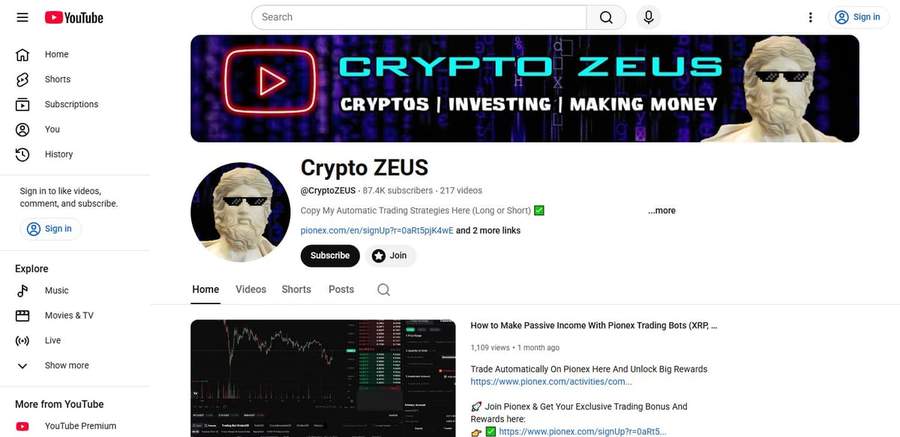 Screenshot of the Crypto Zeus YouTube channel page
