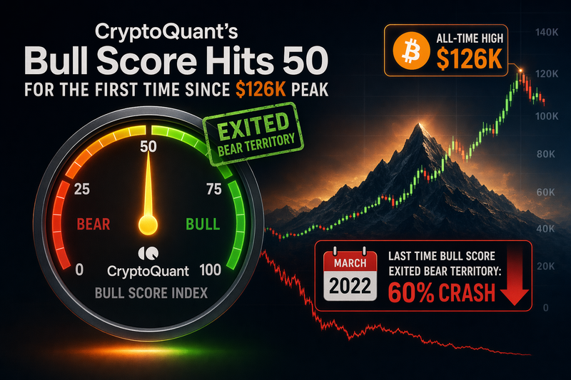 Bitcoin Bull Score Index chart showing transition from bearish to neutral territory at 50