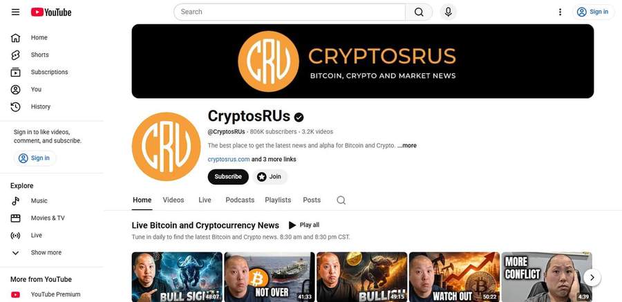 Screenshot of the CryptosRUs YouTube channel page