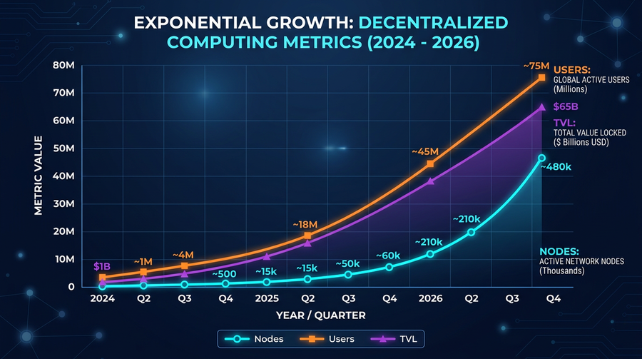 Chart showing exponential growth in decentralized computing metrics from 2024 to 2026