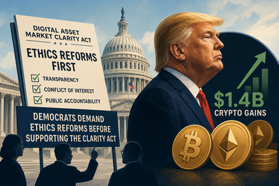US Capitol building with cryptocurrency symbols representing the Clarity Act ethics debate
