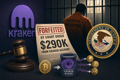Department of Justice seal with cryptocurrency symbols representing forfeiture enforcement