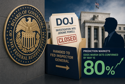 Federal Reserve building with Department of Justice seal fading out, representing the dropped investigation of Jerome Powell