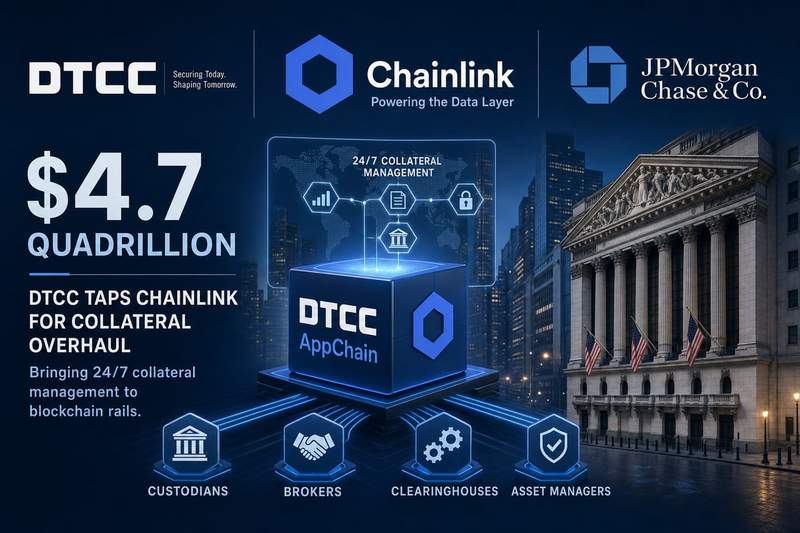 Diagram showing DTCC Collateral AppChain architecture with Chainlink data layer connecting traditional finance to blockchain networks