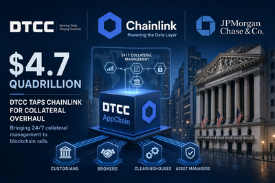 Diagram showing DTCC Collateral AppChain architecture with Chainlink data layer connecting traditional finance to blockchain networks