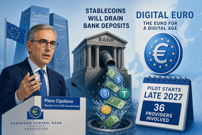 ECB building with euro symbol and stablecoin icons representing digital currency competition