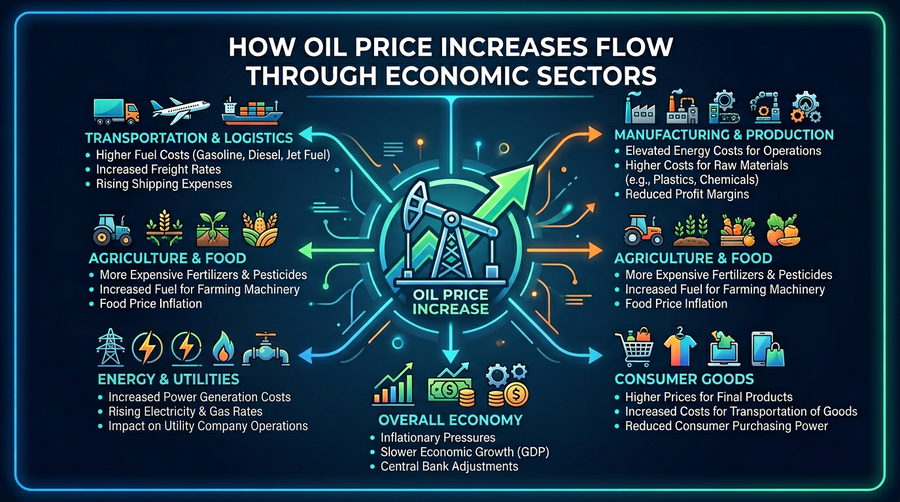 Diagram illustrating how oil price increases flow through to different economic sectors