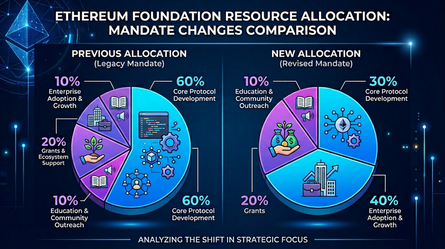 Comparison chart showing Ethereum Foundation&rsquo;s resource allocation before and after mandate changes