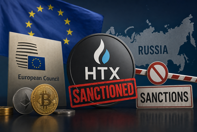 European Union flag with HTX exchange logo crossed out under sanctions