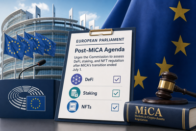 European Parliament building with digital asset icons representing DeFi, staking, and NFTs overlaid